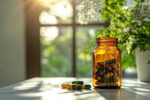 ADHD medication capsules spilling from prescription bottle on marble counter